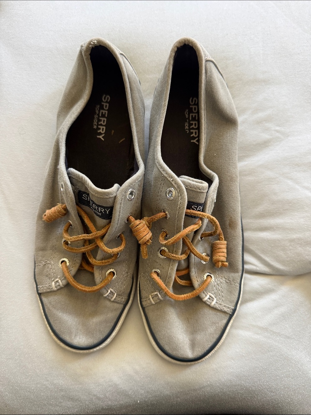 Sperry Gray Canvas Slip-On Boat Shoes with Tan Laces